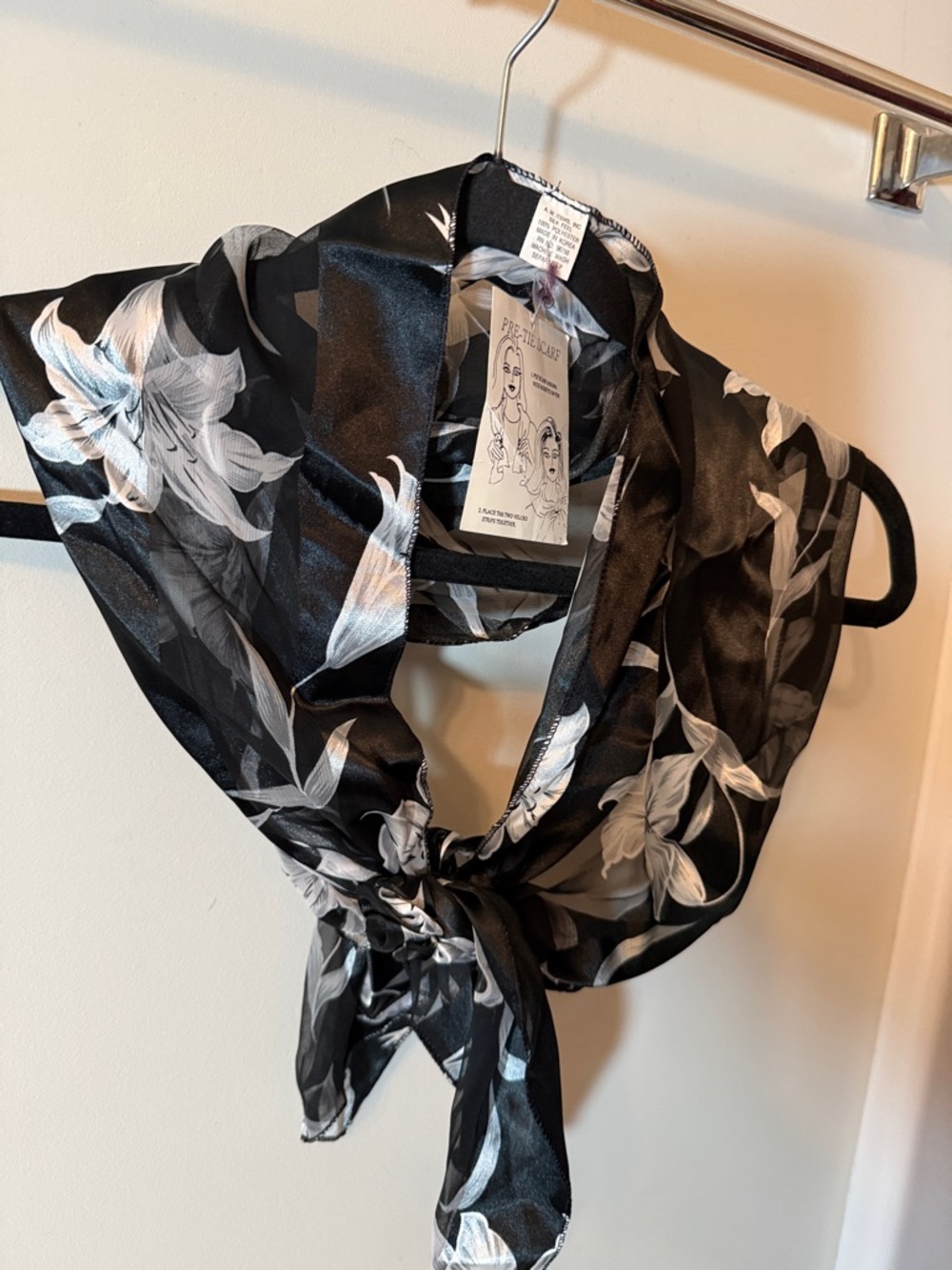 Black Floral Satin Scarf - Women's Fashion Accessory